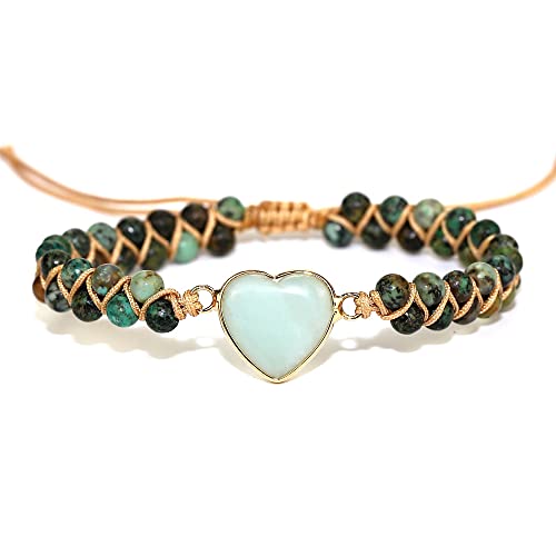 Women Boho Wrap Bracelet,Handmade Natural Stone Crystal Emperor Beads Heart Bracelet, Fashion Bohemian Jewelry Gift for Women - color: African Turquoise 2#
