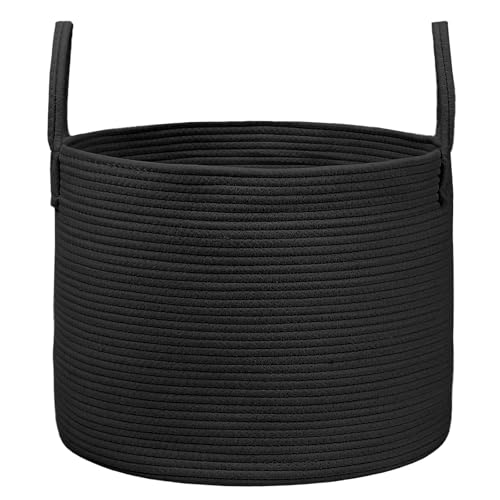 JMvicyroam 115L Extra Large Blanket Basket for Living Room - Woven Cotton Rope Laundry Hamper with Reinforced Handles - Storage Bin for Pillows, Comforters & Toys - Machine Washable,Black - color: Black, size: 115L
