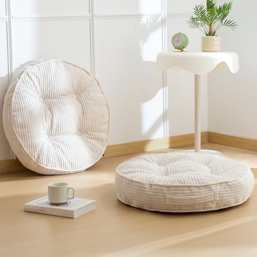 HIGOGOGO Floor Pillow Cushion for Adults, Meditation Cushion Pillow, Large Round Floor Sitting, Tufted Corduroy Cover, for Tatami Living Room or Yoga, 22x22 Inch, 2Pack, Beige - color: Round Beige, size: 4" Thick(Pack of 2)