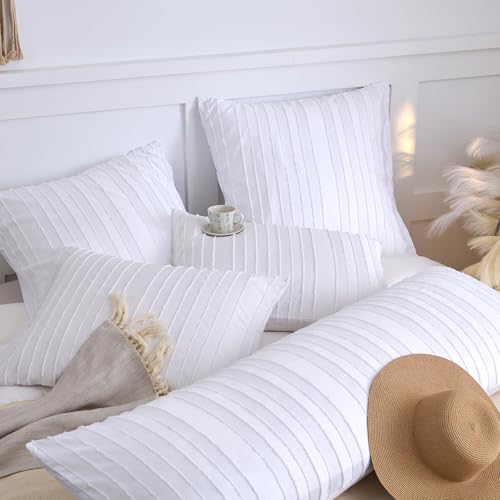 Standard Pillow Shams 2 Pack, Standard Size Pillowcases, Soft Microfiber Geometric Striped Tufted Pillow Covers with Envelope Closure, White, 20x26 Inches (No Insert) - color: White-stripe, size: Standard(20*26)
