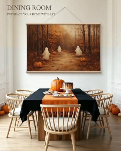 VIYYIEA Extra Large Halloween Wall Art 36x54, Vintage Cute Ghosts and Pumpkins in Autumn Landscape Canvas Wall Decor, Cozy Farmhouse Fall Decor for Living Room Bedroom Entryway Fireplace - color: Halloween Woodland