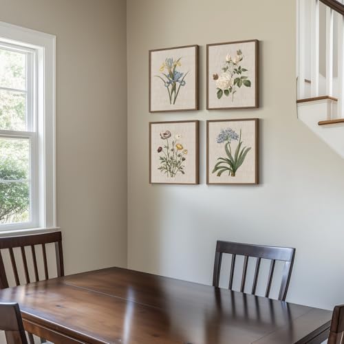 Framed Vintage Botanical Wall Art, 4 Piece Rustic Floral Painting Canvas Prints for Living Room Bedroom Dining Room Kitchen Hallway, Flower Butterfly Pictures for Farmhouse Wall Decor, 12x16 Inch - color: Floral - Walnut Framed, size: 12" W x 16" H x 4pcs