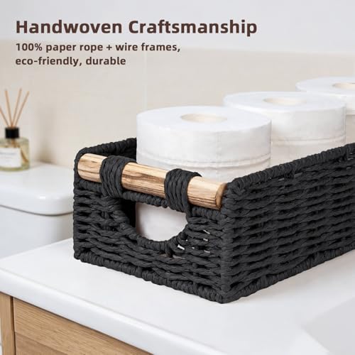 CubesLand Back of Toilet Storage Basket for Organizing w/Cut Out Handle, Handwoven Toilet Tank Top Paper Baskets, Wicker Decorative Basket for Countertop, Home Decor, Living Room, Nursery, Black - color: Black, size: M-14.17" (L) X 6.29" (W) X 3.54" (H)