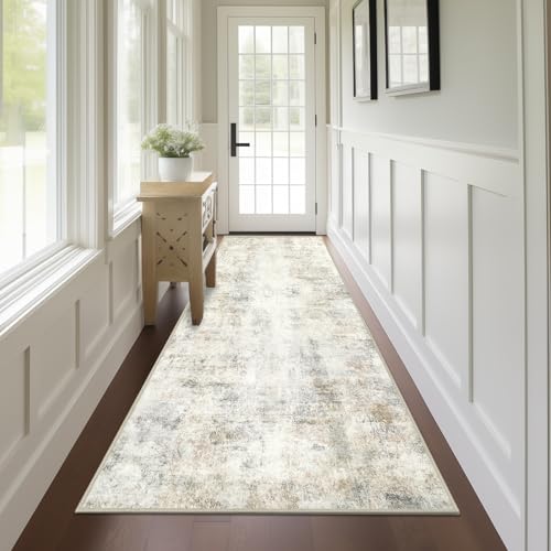 Capslpad 2x8 Washable Runner Rug, Modern Non-Slip Hallway Runner Rug, Abstract Low Pile Kitchen Rug, Soft Print Faux Wool Rug for Entryway, Bedroom, Kitchen, Laundry, Light Beige - color: Beige, size: 2' x 8' (Runner)