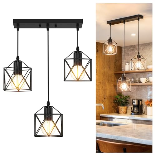 3 Light Pendant Lighting, Farmhouse Hanging Light Fixture for Kitchen Island & Dining Room, Industrial Vintage Ceiling Lamp with E26 Base, Adjustable Height, Matte Black - color: Long Base Metal Pendant - 3-Light (Black)