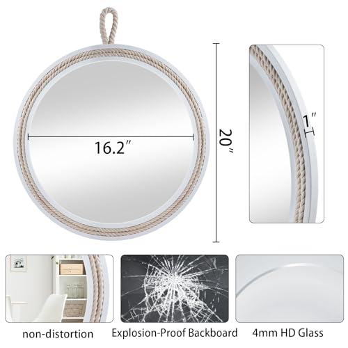 Nautical Round Wall Mirror with Rope 20'' White Circle Hanging Mirror Nursery Coastal Beachy Wall Mirror Decorative Mirror for Bathroom,Livingroom,Entryway-Nautical Theme Décor - size: 20"L x 20"W