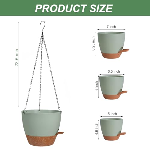 3 Pack Hanging Planter Indoor Outdoor Flower Pots 7/6.5/5 Inch, Self-Watering Hanging Pot with Drainage Holes Hanging Baskets Holder Plant Pots for Garden (Green) - color: Green, size: 7/6.5/5 Inch