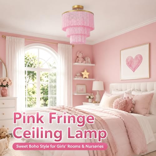 3-Tiered Pink Chandelier,3 Lights Boho Fringe Pendant Light Fixture,Tassle Chandelier for entryway,Dining Room,Baby Nursery,Gold and Pink - color: 3-Tiered-Pink
