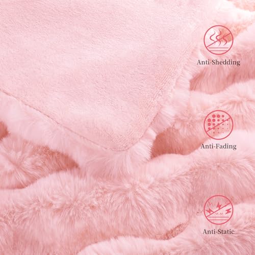 Faux Rabbit Fur Throw Blanket for Couch, Fluffy Warm Plush Thick Bubble Blanket for Bed Sofa Living Room, Soft Cozy Furry Blanket, 50x60 inches, Pink - color: Pink, size: Throw50"x60"