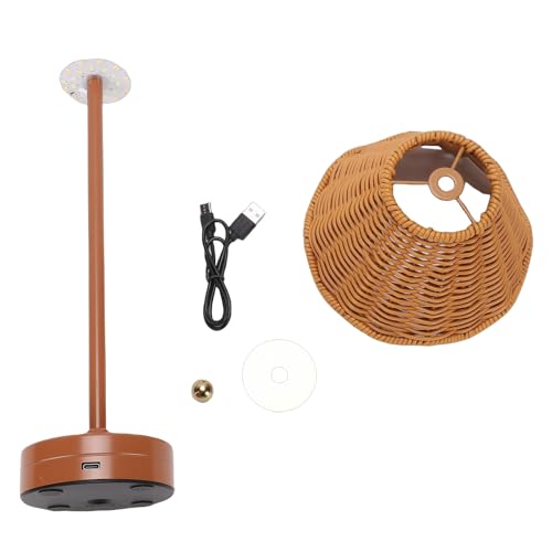 Boho Rattan Shade Table Lamp, Cordless Wicker Woven Vintage Table Lamp, 3 Colors Dimmable with Decorative Design, Ideal for Home Bedroom Living Room Office Decor (Brown) - color: Brown