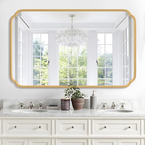 Ferytange 30"x48" Gold Bathroom Mirror for Wall, Large Brass Gold Bathroom Vanity Mirror for Over Sink, Rounded Rectangle Mirror in Premium Iron Metal Frame Hangs Horizontal Or Vertical - color: Gold, size: 48"L x 30"W