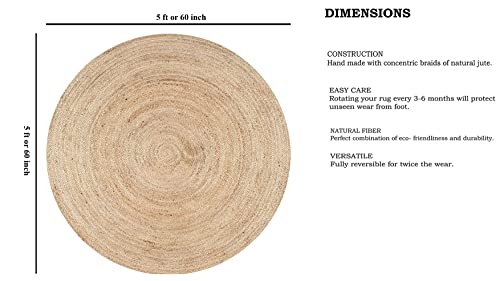 FRELISH DECOR Handwoven Jute Area Rug - 5 feet Round - Natural Yarn - Rustic Vintage Beige Braided Reversible Rug - Eco Friendly Rugs for Bedroom - Kitchen - Living Room - Farmhouse (5' Round) - color: Natural, size: 5' (Round)