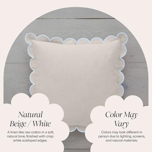 BEBE BASK Scalloped Pillow Cover - Set of 2 - 18 x 18 Inch - Scallop Pillow Cover Natural/White/Beige - 100% Cotton - Grandmillennial Style - color: Natural/White