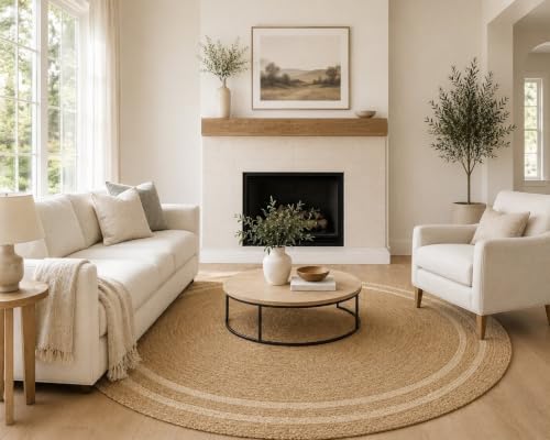 GRUHUM Round Jute Cotton Area Rug 7ft - Natural Fiber Handmade Boho Charm Farmhouse Jute Area Rug Soft Braided Rustic Vintage Reversible Indoor Outdoor Kitchen Bedroom Living Room Hallways Enterway - color: Natural- 14, size: 7' (Round)