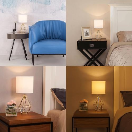 Gold Modern Hollow Out Base Bedroom Small Table Lamp,Bedside Nightstand Lamp with Geometric Metal Base White Fabric Shade,Cute Desk Lamp for Kids Living Room - color: Gold