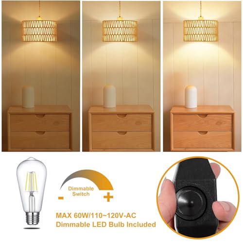 Vinaco Plug in Pendant Light Paper Woven Rattan Hanging Lights, Stepless Dimming Wicker Pendant Light Plug in, High Output Boho Swag Lamps Cord Adjustable for Bedroom Dining Room Corridor Foyer - size: 2 tier HL-10