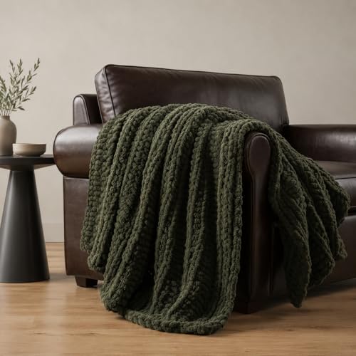 Battilo Chunky Knit Throw Blanket for Couch, Hand Made Chenille Throw Blanket, Super Soft Warm Cozy Olive Green Blanket for Bed, Sofa, Living Room, 50"x60" - color: Olive Green