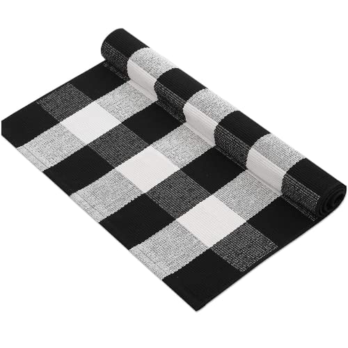 Outdoor Front Door Porch Rug 2x4.3 ft Front Door Rugs Stripe Black White Layering Under Door Mats Rugs. Cotton Woven Checkered Runner, Carpet for Farmhouse Laundry Welcome Deocr