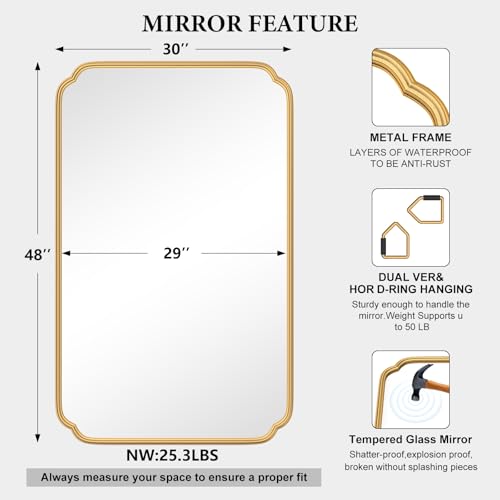 Ferytange 30"x48" Gold Bathroom Mirror for Wall, Large Brass Gold Bathroom Vanity Mirror for Over Sink, Rounded Rectangle Mirror in Premium Iron Metal Frame Hangs Horizontal Or Vertical - color: Gold, size: 48"L x 30"W