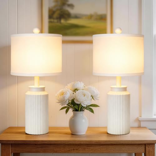22" Modern Ceramic Table Lamp Set of 2 for Living Room, Rustic Farmhouse White Desk Lamps with White Linen Shade, Vintage Bedside Nightstand Lamps for Bedroom, Living Room End Table Lamps Home Decor