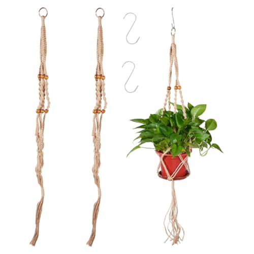 2Pcs Macrame Plant Hangers for Indoor Outdoor, Hanging Net Plant Basket with Wood Bead, Decorative Flower Pot Holders with 2Pcs S Hooks for Boho Home Decor, Random Color, 1100x20-33x20-33mm - color: Random Color