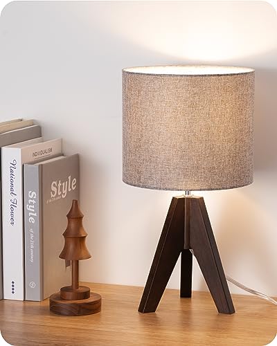 EDISHINE Boho Small Table Lamp, Walnut Color Wooden Tripod Bedside Lamp, Farmhouse Nightstand Lamp for Nursery, Bedroom, Office, Kid Room, Living Room, Grey Linen Lampshade, E26 Socket, 14.2 Inch - style: Modern