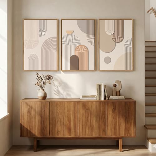 3 Piece Framed Neutral Boho Wall Art for Living Room, Large Minimalist Abstract Canvas Artwork for Walls, Mid Century Modern Beige Geometric Prints Paintings for Bedroom Hallway Wall Decor 16x24 Inch - color: Beige, size: 24" H x 16" W x 3Pcs