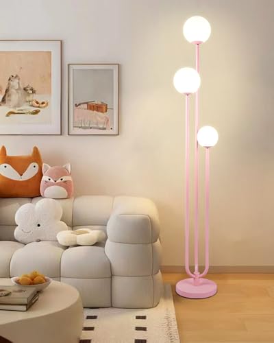 63IN 3-Light Dimmable Floor Lamp, Unique Pink Tall Standing Lamps with 3000K G9 Bulbs for Reading, Mid Century Modern Floor Lamp with 5Lbs Heavy Base for Living Room Bedroom Office - color: 3 Globe-Pink
