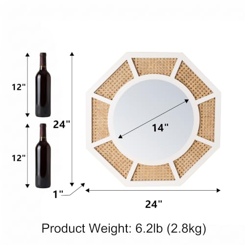 24" Large Rattan Wall Mirror Decoraive Boho Wall Decor Large Rattans Mirror Natural Woven Rattan Mirrors for Farmhouse,Living Room,Bedroom,Bathroom,White Frame