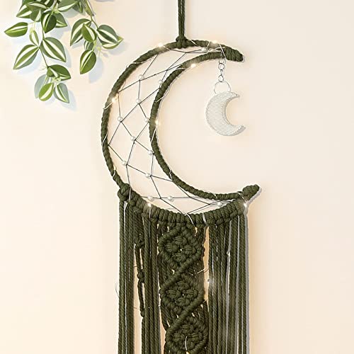 Olive Macrame Moon Dream Catcher, Boho Crescent Phase Woven Wall Hanging with Light, Handmade Unique Bohemian Nursery Decor with Star Ornament Decoration for Home Bedroom, for Girl Kids - color: Olive Green, size: With Light