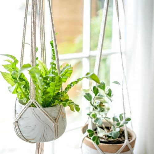 2 Pack Macrame Plant Hanger 47 Inches,Indoor Plant Hanger with Tassel for Boho Home Decor, Hanging Plant Holder with 2 Hooks (Ivory)