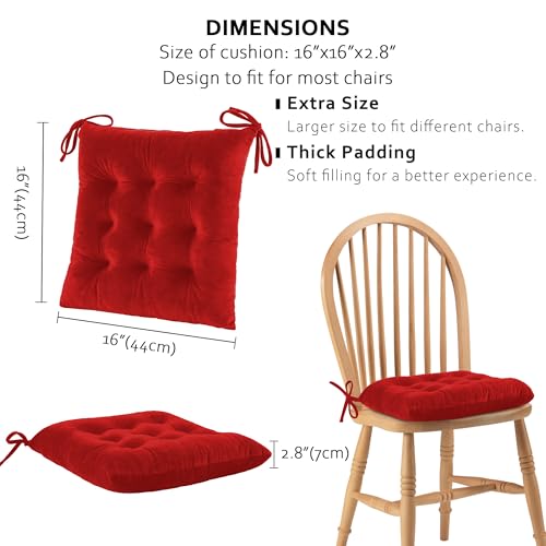 ELFJOY 4 Pack Chair Cushions for Dining Chairs Chair Pads Cushion for Kitchen Office Tufted Square Seat Cushion with Ties (16" Red Velvet) - color: Bright Red