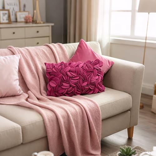 KINGROSE 3D Flower Cushion Cover Home Decorative Throw Pillow Cover Rectangular Pillowcase Sham for Couch Bed Living Room Sofa 12 x 20 Inches Velvet Rose Red - color: Rose Red - Velvet