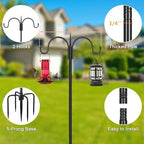 FEED GARDEN Heavy Duty Shepherds Hook 76" Double Hooks Adjustable (44/60/76") - Alloy Steel 5-Prong Base, 17lb Capacity - Easy Assembly Bird Feeder Pole for Hanging Planters, Lanterns, Wind Chimes - size: 76 Inch