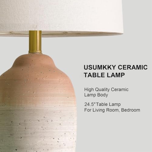 USumkky 24.5" Ceramic Table Lamp with 5FT Cord, Single Farmhouse Vintage Rustic Bedside Lamp for Living Room Bedroom Entryway, Linen Shade Nightstand End Table Decor (Bulb Not Included)-White&Brown - color: 24.5" White&Brown