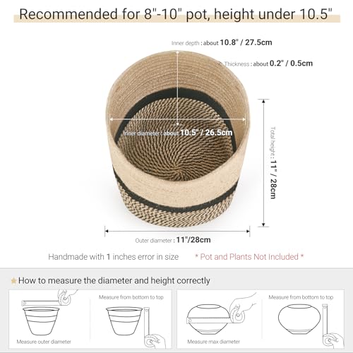 Dahey Jute Rope Plant Basket Modern Woven Storage Basket for 10.5" Indoor Planter, Decorative Flower Pots Cover Laundry Bin with Handle Rustic Home Decor, Black - color: Black, size: 10.5"W × 10.8"H