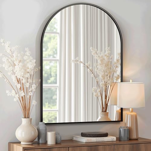 Arched Bathroom Mirror for Wall, 30" x 20" Black Metal Frame Vanity Mirror, HD Glass Over Sink for Bathroom, Entryway, Bedroom - color: Matte Black, size: 30"L x 20"W
