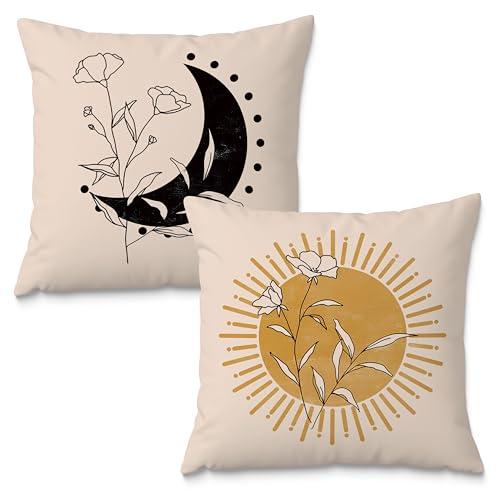 Boho Floral Plant Pillow Covers 18x18 Set of 2, Abstract Boho Throw Pillow Covers, Sun and Moon Decorative Pillow Covers for Couches and Sofas, Line Plant Pillow Cases, Sunshine Room Decor - color: Sunandmoon-04