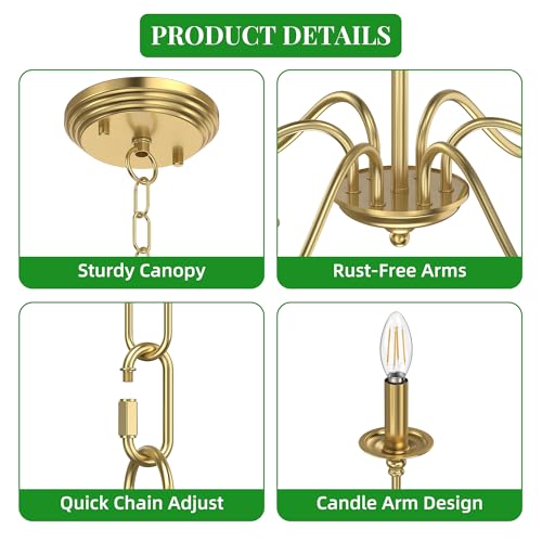 Rustic Farmhouse Candle Chandelier for Dining Room, 6-Light Rustic Black Iron Light Fixture with Classic S-Arm Design for Kitchen Island, Living Room, Foyer-Brass Gold - color: Brass Gold