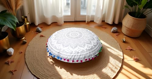 Round Mandala Floor Pillow Cover Seating Cushion Throw Cover Hippie Decorative Bohemian Ottoman Pouf Cover, Pom Pom Pillow Cases,Boho Indian 32 Inches Silver - color: Silver, size: 32" Round