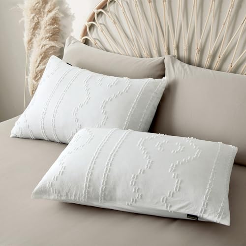 Duvet Cover Twin Size, 2PCS White Boho Duvet Cover Set, Geometric Pattern Tufted Bohemian Comforter Cover Jacquard Knit Textured Bedding Set with Zipper Closure - color: White, size: Twin