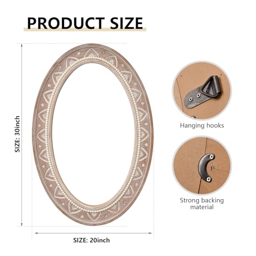 H HOMEWINS Oval Mirrors for Wall,20x30 Oval Wooden Rustic Farmhouse White Beads Boho Nature Decorative Mirror for Bedroom, Bathroom, Living Room,Vanity - color: Light Brown, size: 30"L x 20"W