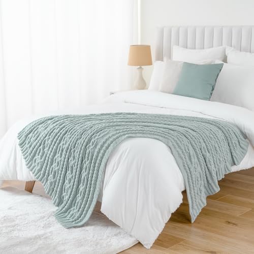 Battilo Sage Green Throw Blanket for Couch, 51"x67", Soft Cozy Chenille Throw Blanket, Knit Blanket Sage Throw, Decorative Boho Throw Blanket for Living Room - color: Sage Green