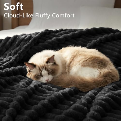 HIMEET Fleece Black Throw Blanket for Bed - 300GSM Ribbed Soft Cozy Dog Blanket for Couch, Graduation Birthday for Men Dad Women, College Dorm Essentials Room Throws, 50x60 Inches - color: Black, size: Throw (50" x 60")