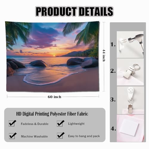 keowhsf Beach Sunset Ocean Tapestry – Tropical Palm Trees Wall Decor with Warm Orange Sky, Summer Seaside Landscape Wall Hanging for Bedroom Living Room Dorm - color: SunsetBeach, size: 60"L x 44"W