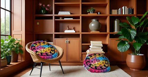 CRAFT KALA Large Hippie Floor Pillow Cover Mandala Meditation Cushion Case Pouf Cover Round Poufs Cover Bohemian Floor Cushion Cover Outdoor Fireplace Yoga Living Room Decor 32" Multi-Color Peacock - color: Multi-color Peacock