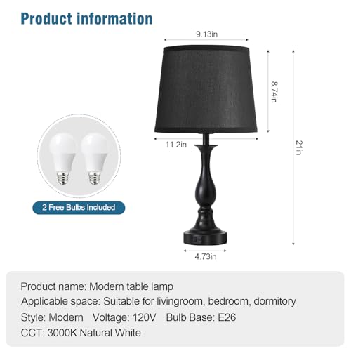 Bedside Table Lamp Touch Control Bedroom Lamps with USB A + C Charging Port 3 Way Dimmable Touch Lamps for Nightstand Living Room Bedroom Dorm Home Office Reading, Set of 2 (Black Shade & Black Base) - color: Black Shade & Black Base