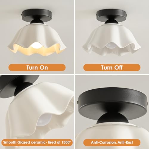 2 Pack Semi Flush Mount Ceiling Light - Flower Glaze Ceramic, Black Vintage Hallway Light Fixtures, White Globe Ceiling Lights, Mid Century Small Light Fixture for Cottage Entryway Laundry Room Foyer - color: Glaze Flower Ceramic-Black