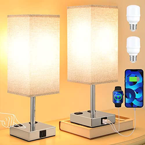 aooshine Gray Set of 2 Touch Lamps with USB Port Nightstand Lamp with USB-C+A Charge Ports & AC Outlets, 3-Way Dimmable Bedside Lamp, Small for Bedroom Living Room (Bulb Included) - color: Gray-Silver