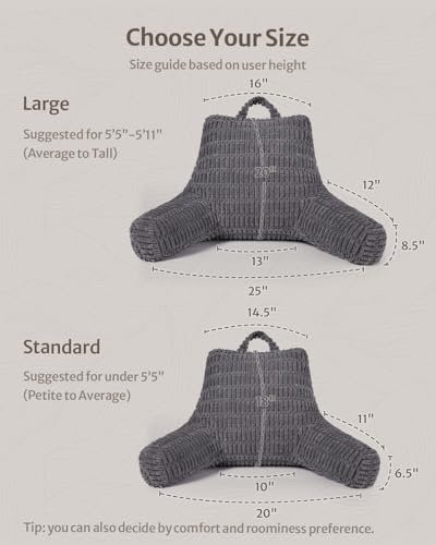 Blissful Diary Reading Pillow, Large Backrest Pillow with Shredded Memory Foam for Adult & Children, Designed for Bed and Couch Sitting Up, Includes Arms, Pockets and Washable Cover, Dark Gray - color: Textured Dark Gray, size: Large(20inch)
